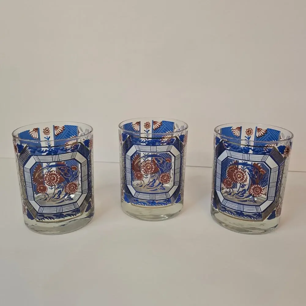 3 Old Fashioned Lowball Rocks Glasses Blue Oriental Imari Pattern Gold Vtg MCM